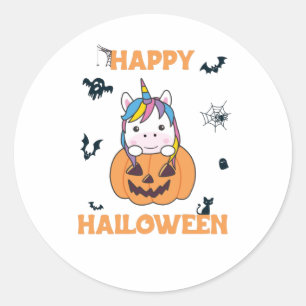 Pegatina Redonda Unicornio En Calabaza Cute Unicornios Feliz Hallow