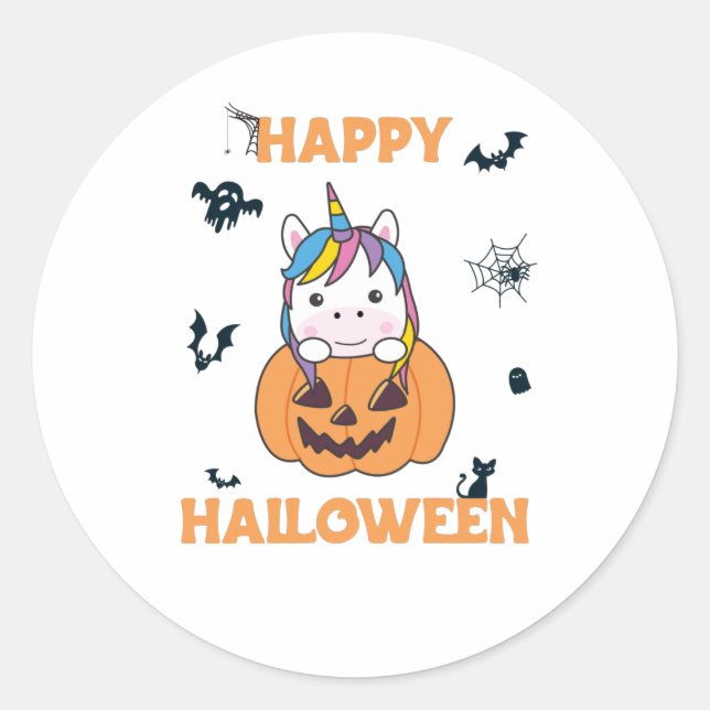 Pegatina Redonda Unicornio En Calabaza Cute Unicornios Feliz Hallow (Anverso)