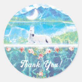 Pegatina Redonda Unicornio en un mundo de ensueño