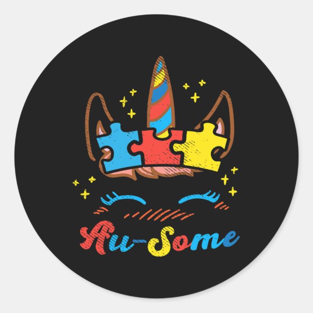 Pegatina Redonda Unicornio enfrenta el rompecabezas del autismo Con (Anverso)