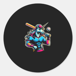Pegatina Redonda Unicornio Enojado Genial Jugando Béisbol Bola Bate