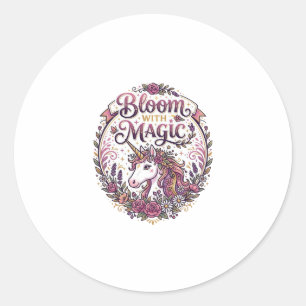 Pegatina Redonda Unicornio florece con magia lista POD Fondo blanco