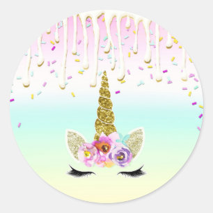 Pegatina Redonda Unicornio Glaseado de Arcoíris Goteante Cumpleaños