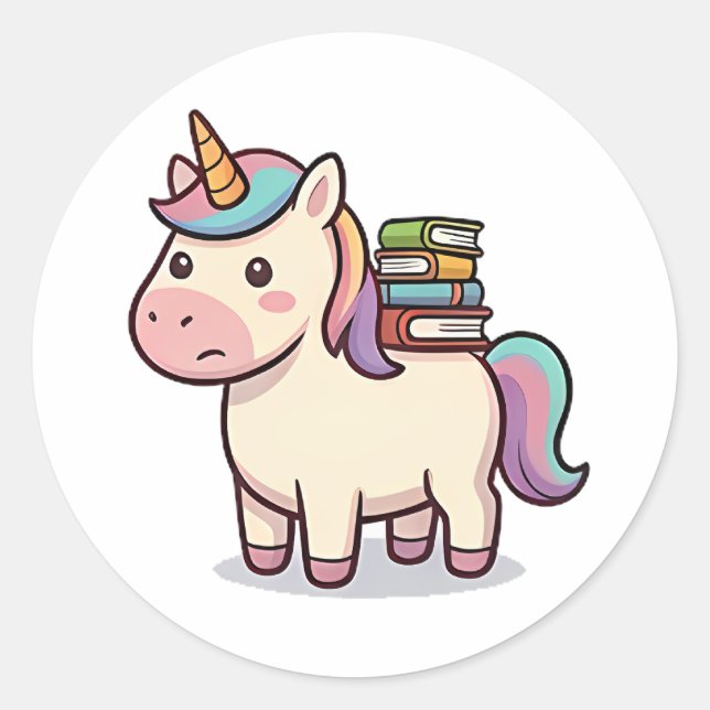 Pegatina Redonda Unicornio Gusano de Libro (Anverso)
