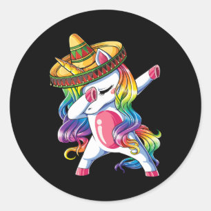 Pegatina Redonda Unicornio haciendo dab divertido Cinco De Mayo Muj
