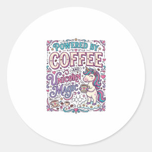 Pegatina Redonda Unicornio impulsado por café y magia de unicornio 