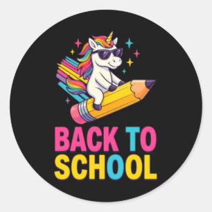 Pegatina Redonda Unicornio Lindo De Vuelta Al Colegio Primer Día De