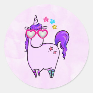 Pegatina Redonda Unicornio lindo en gafas cardiacas