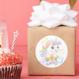 Pegatina Redonda Unicornio lindo Sé Feliz