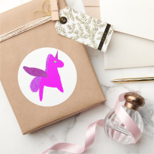 Pegatina Redonda Unicornio magenta brillante pegaso brillo