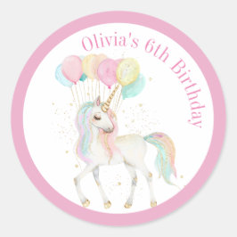 Pegatina Redonda Unicornio mágico con globos arcoiris