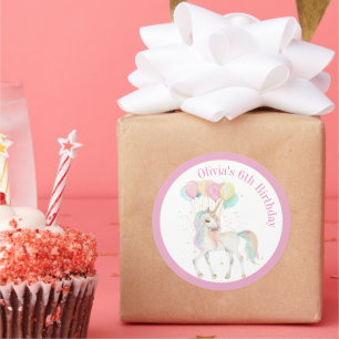 Pegatina Redonda Unicornio Mágico con Globos de Arcoíris