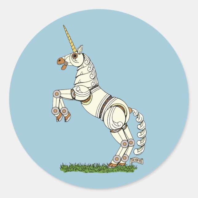 Pegatina Redonda Unicornio mecánico (Anverso)