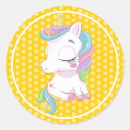 Pegatina Redonda Unicornio multicolor con puntos de apoque amarillo