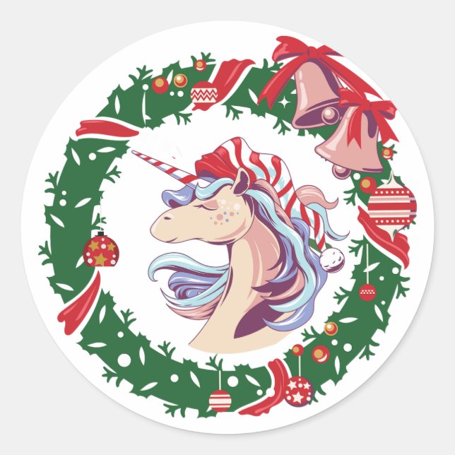 Pegatina Redonda Unicornio, Navidades mágicos (Anverso)