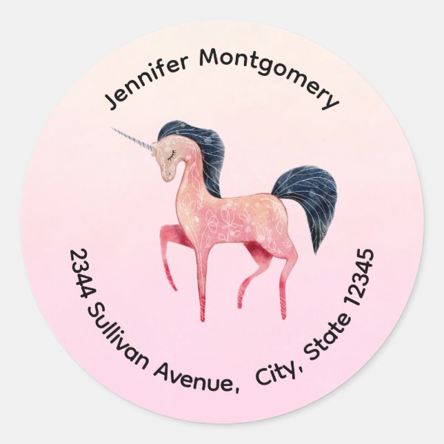 Pegatina Redonda Unicornio nórdico rosa con dirección de hombre neg (Anverso)