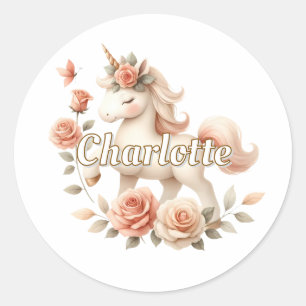Pegatina Redonda Unicornio pastel caprichoso con rosas