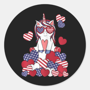 Pegatina Redonda Unicornio Patriótico 4 De Julio Bandera Americana
