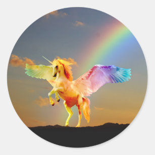 Pegatina Redonda Unicornio Pegaso del arco iris