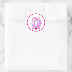 Pegatina Redonda unicornio & personaliza tu nombre