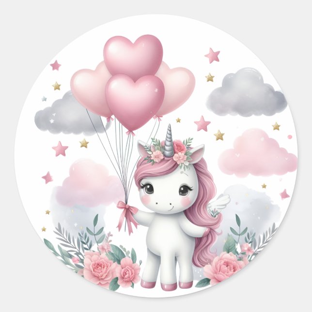 Pegatina Redonda Unicornio rosa (Anverso)
