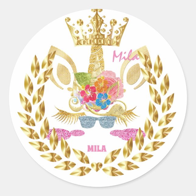 Pegatina Redonda Unicornio rosa (Anverso)