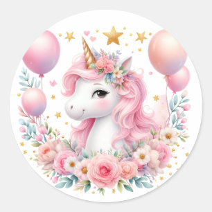 Pegatina Redonda Unicornio rosa