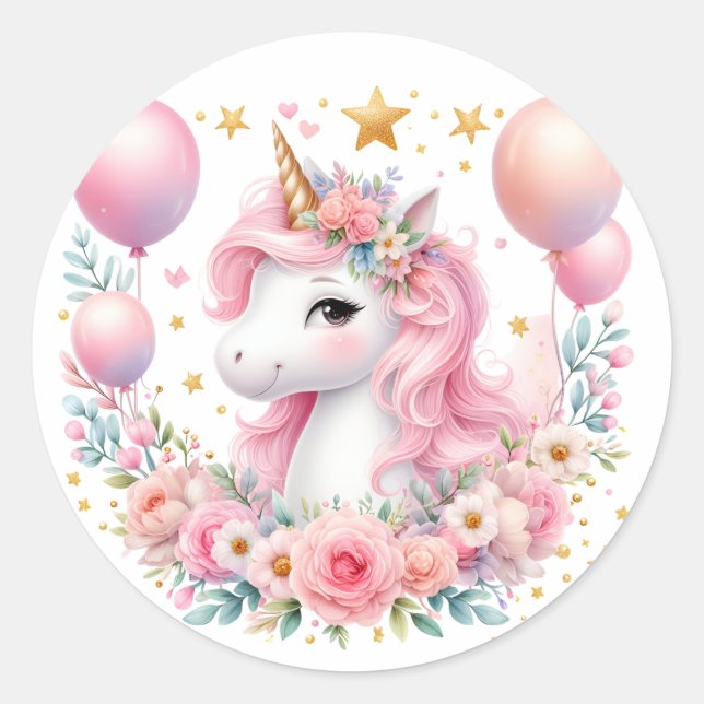Pegatina Redonda Unicornio rosa (Anverso)