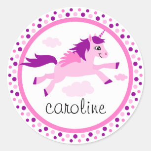 Pegatina Redonda Unicornio rosa con alas nombre personalizado