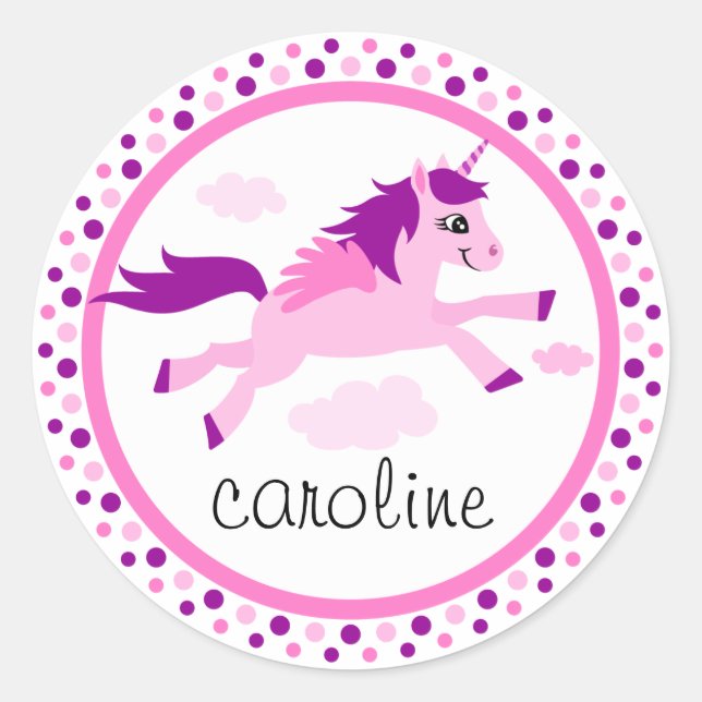 Pegatina Redonda Unicornio rosa con alas nombre personalizado (Anverso)
