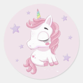 Pegatina Redonda Unicornio rosa con estrellas moradas