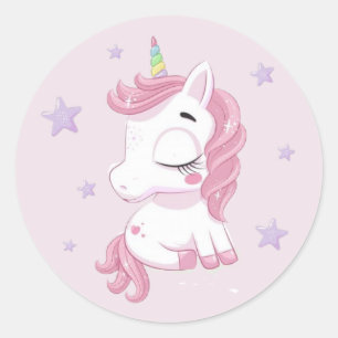 Pegatina Redonda Unicornio rosa con estrellas moradas