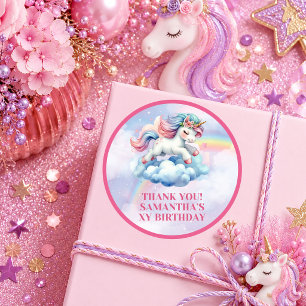 Pegatina Redonda Unicornio Rosa Purpura Brillante Día Mágico Cumple