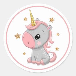 Pegatina Redonda Unicornio rosa y dorado adorable con marco rosa