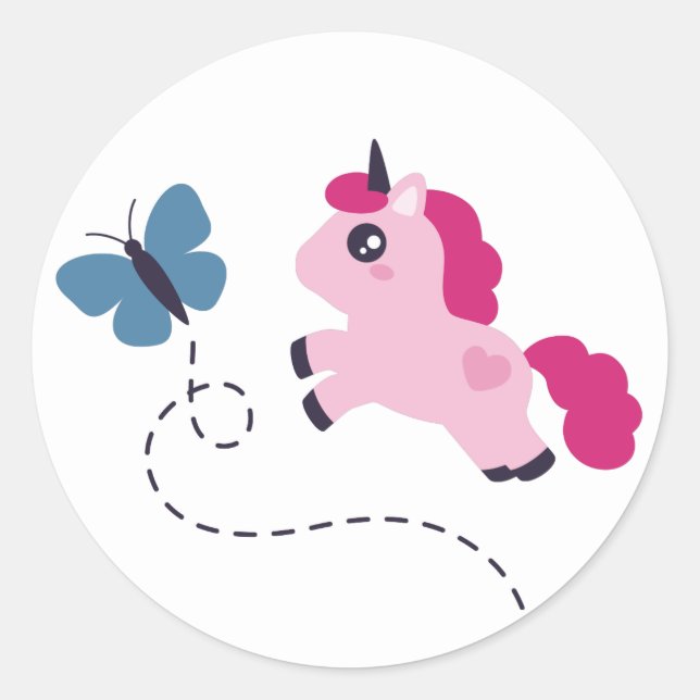 Pegatina Redonda Unicornio rosado con mariposa (Anverso)