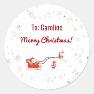 Pegatina Redonda Unicornio sacando el nombre de Santa Claus Feliz N