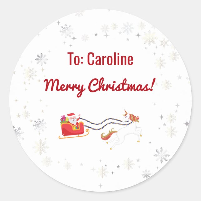 Pegatina Redonda Unicornio sacando el nombre de Santa Claus Feliz N (Anverso)