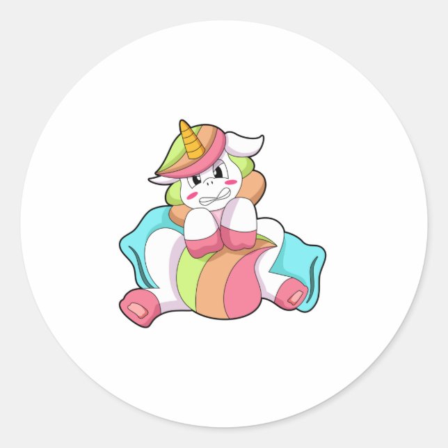 Pegatina Redonda Unicornio tímido con almohada (Anverso)