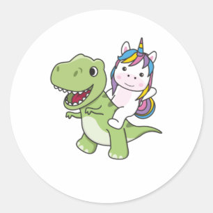 Pegatina Redonda Unicornio Viaja En Trex Cute Dinosaurio Con Unicor