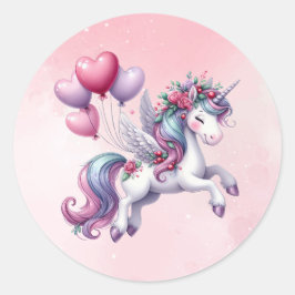 Pegatina Redonda Unicornio volador rosa