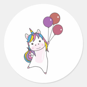 Pegatina Redonda Unicornio vuela con globos sobre unicornios bangla