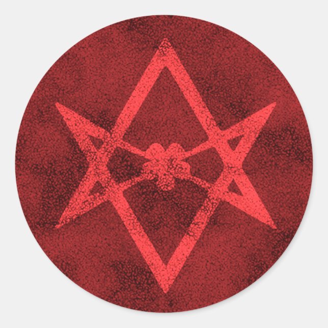 Pegatina Redonda Unicursal Hexagram (Textos rojos) (Anverso)