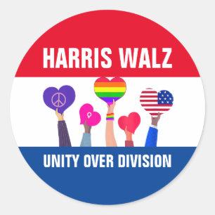 Pegatina Redonda Unidad sobre División Harris Walz Tim Walz Red Blu