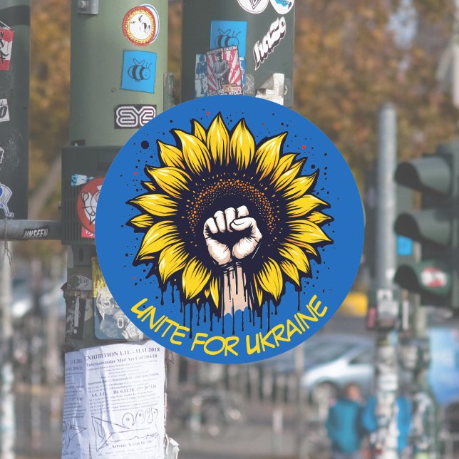 Pegatina Redonda Unidos por Ucrania, girasol y puño (Subido por el creador)
