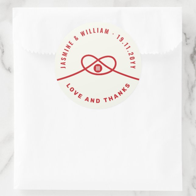 Pegatina Redonda Unión de nudos rojos doble felicidad Boda chino (Bolso)