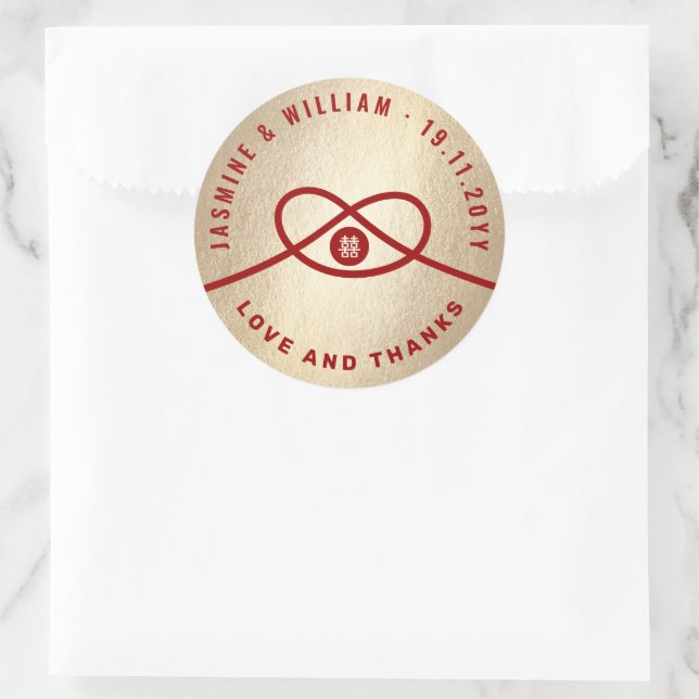 Pegatina Redonda Unión de nudos rojos doble felicidad Boda chino (Bolso)