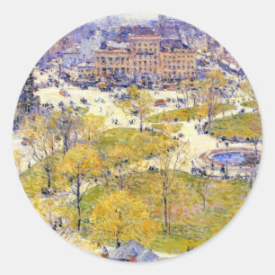 Pegatina Redonda Union Square en primavera por Frederick Childe Has