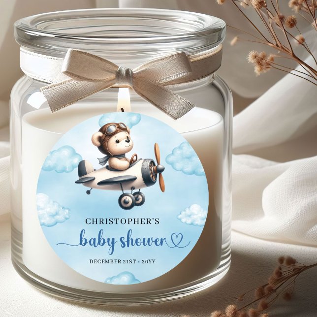 Pegatina Redonda Unique Boy Baby Shower Sticker Blue Brown Teddy  (Unique Boy Baby Shower Sticker Blue Brown Teddy Bear Aviator

)