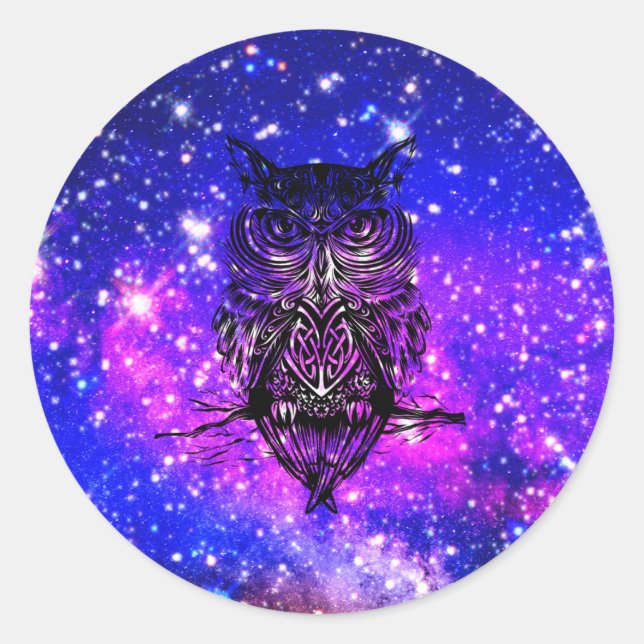 Pegatina Redonda Universo de búho celta (Anverso)