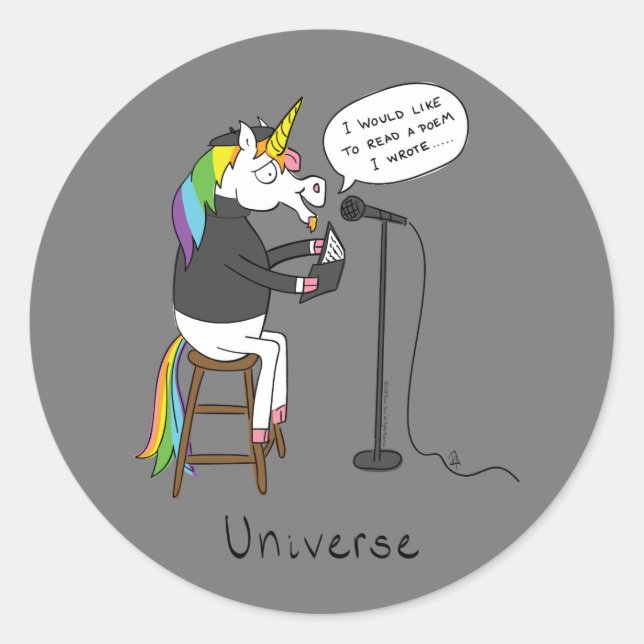 Pegatina Redonda Universo Unicornio leyendo poesía divertida a Pega (Anverso)